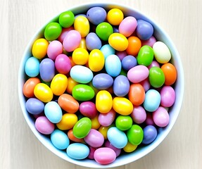 A vibrant bowl overflowing with a delightful assortment of colorful jelly beans, presented as a festive Easter treat and a sweet confectionery indulgence.