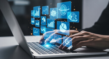 Data Analysis in the Digital Age: A close-up captures the essence of modern data analysis. Hands expertly navigate a laptop, with dynamic graphics and data visualizations emerging.