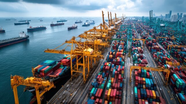 Aerial view of container port with cargo ships and colorful containers ready for global shipping