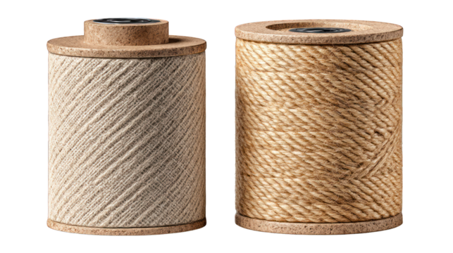 Two spools of thread, one light beige, one tan, on a dark background
