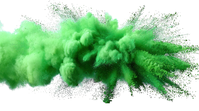Vibrant, green powder explosion against stark black background