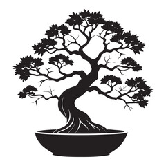 Black silhouette of a traditional bonsai tree in a pot
