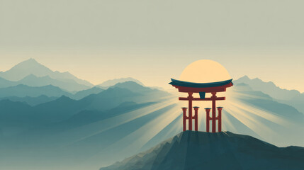 Fototapeta premium Torii gate at sunrise in misty mountains