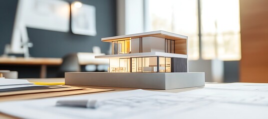 Closeup of a modern house model on an architects desk with blueprints and a computer, showcasing architectural design and planning