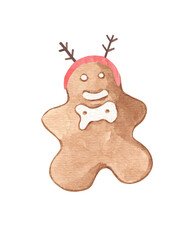 Watercolor hand drawn illustration of Gingerbread Man with Antlers - cute Christmas cookie
