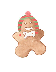 Watercolor hand drawn illustration of Gingerbread Man with winter ugly hat - cute Christmas cookie