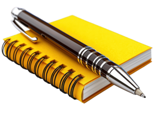 Yellow spiral notebook with a sleek metal pen lying on top