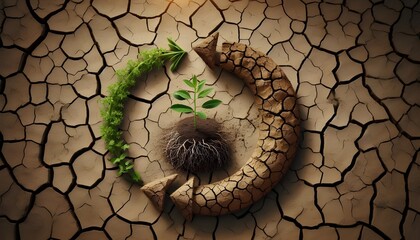 Climate change cycle as a dried or dry cracked land suffering from drought turning into rich moist organic earth with a growing young plant as a composite.