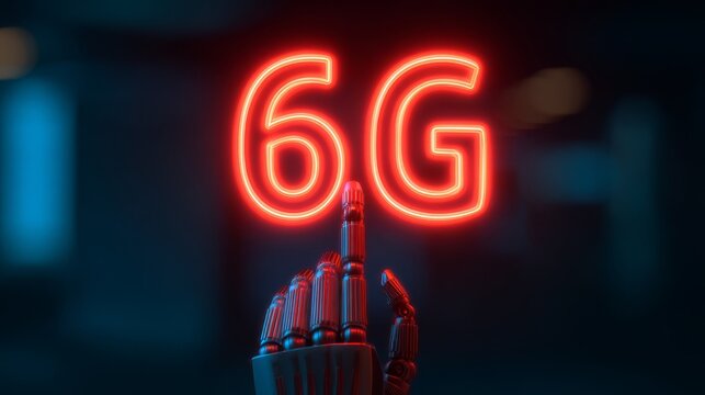 A robotic hand points to a glowing "6G" sign, symbolizing advanced technology and the future of connectivity. - Powered by Adobe