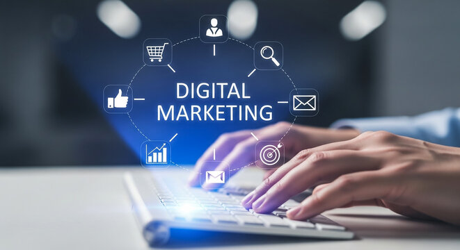 Digital Marketing Innovation: A person types on a computer, surrounded by digital marketing icons, symbolizing the evolving landscape of online strategy and promotion. 