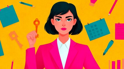 A confident woman in a pink suit holds a key, surrounded by colorful office supplies on a bright yellow background.