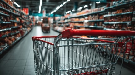 Shopping Cart View in Supermarket Aisle Featuring Shelves of Groceries and Consumer Goods