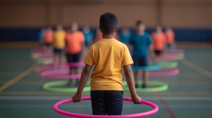 A child stands in a gym surrounded by peers, each holding a colorful hula hoop, engaged in a playful physical activity.
