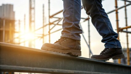 Engineer stepping on steel beam construction site closeup action blurred scaffolding and sunlight flare realistic textures