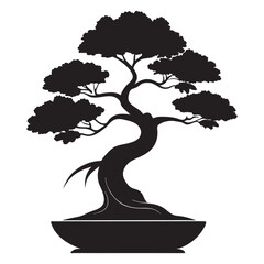 Silhouette of a twisted bonsai tree in a pot