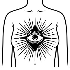 Mystical eye on feminine chest with radiant lines, symbolizing intuition and inner vision