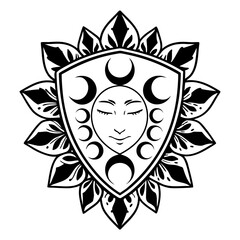 Obraz premium Face within floral shield of moons, serene expression, celestial phases, protective mandala design