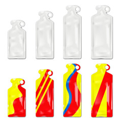 Bottle shaped sachet pouch with tear notches and hang hole. 3d mockup. Blank white and color design. Easy to edit. Hanging plastic bag package. Realistic vector mock-up. Template set
