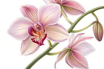 Fototapeta premium A single pink lily blossom with a white petal and a green leaf is blooming in a tropical garden in spring