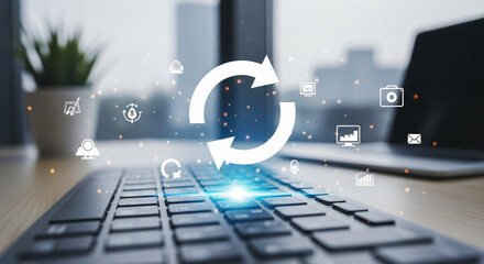 Digital Synchronization: A modern office setting, keyboard with a central animated update symbol, symbolizing process, refresh and reload.