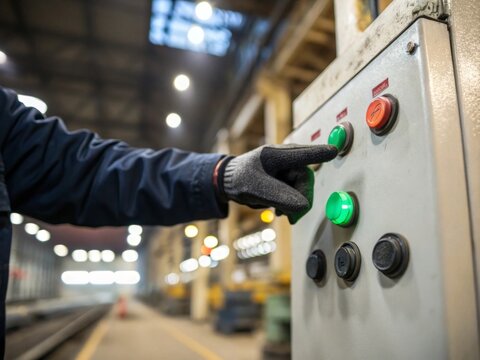 Engineer’s gloved hand pressing green start button on control panel in industrial facility with blurred lights in background