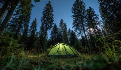 Illuminated green tent nestled in a dark forest at night
