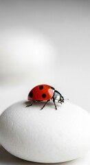 Fototapeta premium A vibrant ladybug with bright red shell adorned with black spots stands out vividly against a pristine white stone, creating a striking contrast in this close-up composition .
