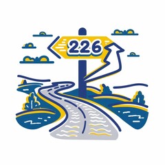 Colorful Road Sign Illustrating Route 226 with Scenic Landscape and Cloudy Sky in a Stylized Design
