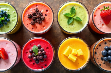 Fresh smoothies. Variety of blended fruit drinks in glasses.