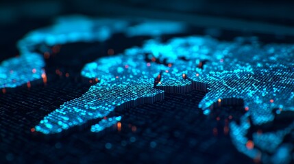 A digital representation of a world map illuminated in blue tones, showcasing intricate data points and a modern, technological aesthetic.