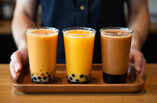 Bubble tea served trio. Three bubble tea drinks on tray. Assorted boba drinks lineup.