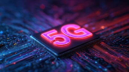 A vibrant close-up of a 5G chip surrounded by intricate circuitry, showcasing advanced technology and connectivity.