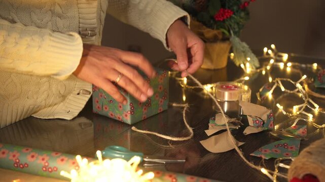 Person Wrapping Gifts with String and Festive Paper in Cozy Winter Setting