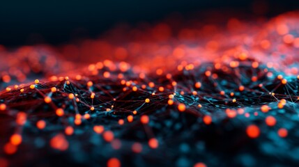 A vibrant abstract representation of interconnected nodes and lines, showcasing a dynamic network filled with glowing orange and blue elements.