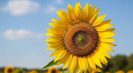 Fototapeta premium Beautiful blooming sunflower close up in a sunny field under a blue sky with clouds.