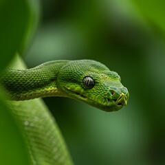 Fototapeta premium Emerald Gaze: Green Tree Python Portrait