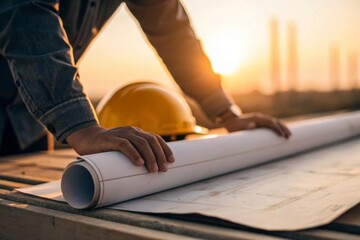 Engineer overseeing project construction site closeup image golden hour lighting hand on blueprint focused view of planning