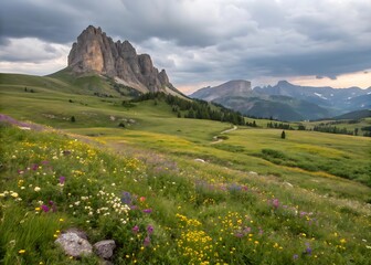 Obraz premium Majestic Dolomites Mountain Landscape with Wildflowers and Rolling Hills under Cloudy Sky Serene Alpine Scenery Beautiful Italian Alps View