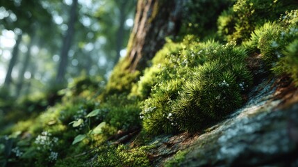 Obraz premium Enchanting forest floor with vibrant moss and delicate wildflowers detail