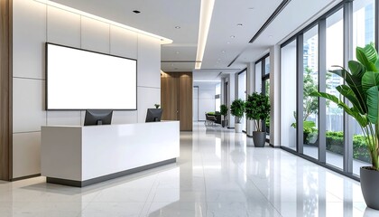 Modern office reception area with blank screen with plants, and and natural light.