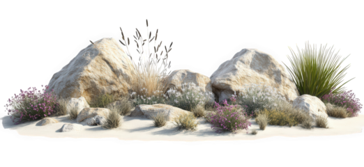 Group of rocks and desert plants isolated on transparent background