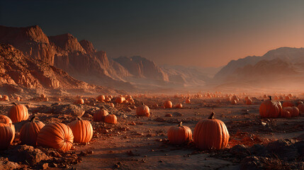 Alien Halloween festival on Martian desert, volumetric rays over glowing pumpkins, panoramic HDR sweep, basalt textures. 