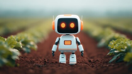 A small robot with glowing eyes stands in a field of crops, representing the intersection of technology and agriculture.