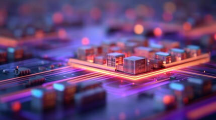 A vibrant close-up of a circuit board with illuminated components, showcasing advanced technology and intricate designs in electric hues.