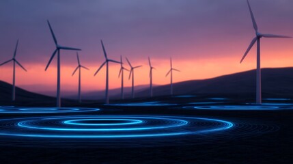 A stunning sunset scene featuring wind turbines silhouetted against vibrant colors, with glowing circular patterns on the ground, creating a futuristic ambiance.