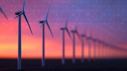 A serene landscape featuring wind turbines against a vibrant sunset, symbolizing renewable energy and technological advancement.