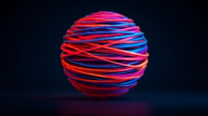 A colorful, illuminated sphere made of intertwined wires, set against a dark background, creating an intriguing visual effect.