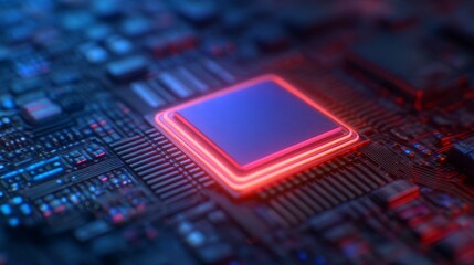 A close-up view of a computer chip embedded in a circuit board, illuminated with vibrant blue and red lights, showcasing advanced technology and intricate design.