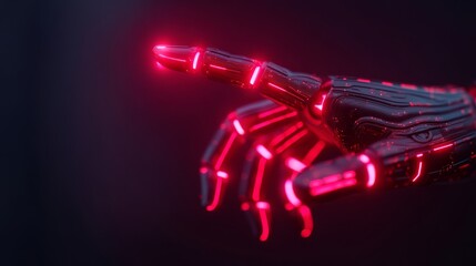 A futuristic robotic hand with glowing red accents points towards an unseen object, showcasing intricate design and technology.