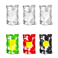 Foil stand-up pouch with blank paper label sticker. Silver, black, color design. Easy editable mockup. Bottom gusseted tear notch bag. Realistic vector mock-up. Standup food package. Template set